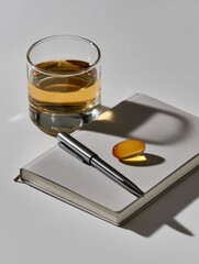 Aufkleber - Glass of Whiskey With Pen and Notebook on White Table, Representing Relaxation and Planning for Business Strategy and Personal Reflection : Generative AI