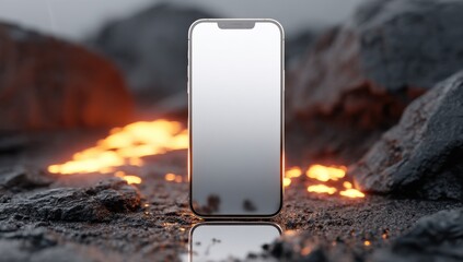Aufkleber - Smartphone Mockup on Volcanic Rock With Lava Flow, Representing Mobile Technology and Digital Communication, Ideal for Product Presentation and App Promotion : Generative AI
