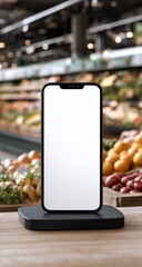 Aufkleber - Smartphone With Blank Screen on Wooden Table in Grocery Store, Displaying Mobile Commerce and Retail Technology for Online Shopping : Generative AI