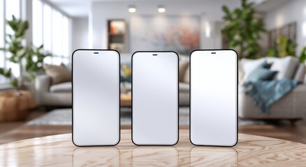 Aufkleber - Three Smartphones With Blank White Screens on Wooden Table, Representing Mobile Technology and Digital Communication for App Promotion and Product Mockups : Generative AI