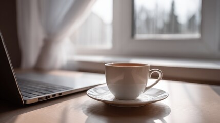 Leinwandbilder - Morning Coffee and Laptop by Window, Representing Remote Work and Digital Lifestyle, Ideal for Bloggers and Online Entrepreneurs Seeking Inspiration : Generative AI