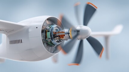 Fototapete - Close-Up of a Modern Electric Airplane Engine With Visible Components, Showcasing Innovation and Technological Advancement in Aviation Industry : Generative AI