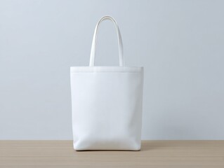 Aufkleber - White Canvas Tote Bag on Wooden Table Against White Wall, Ideal for Branding Mockups and Sustainable Lifestyle Campaigns : Generative AI