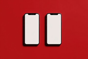 Aufkleber - Two Smartphones With White Screens on Red Background, Ideal for Mobile App Mockups and Digital Marketing Campaigns : Generative AI