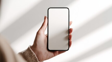 Aufkleber - Hand Holding Smartphone With Blank White Screen in Sunlight, Ideal for Mobile App Promotion or Digital Marketing Campaign Mockup, Minimalist Style : Generative AI