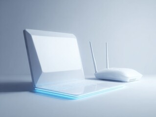 Fototapete - Sleek White Laptop and Router on a White Surface, Showcasing Modern Technology and Wireless Connectivity Solutions for Business : Generative AI