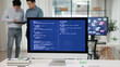 © ChayTee - Smart AI cyber bot deep tech tools help write prompt code screen. Asia people asian man IT team typing busy talking work on predict big data center office reskill upskill STEM expert skill job course.