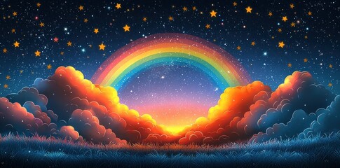 Wall Mural - Fantasy night landscape with glowing rainbow, colorful clouds, twinkling stars, and illuminated grass field Generative AI