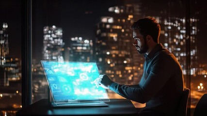 Wall Mural - Tech Visionary: Silhouette of a man at a desk, absorbed in an illuminated, futuristic laptop against the backdrop of a vibrant cityscape, hinting at innovation.