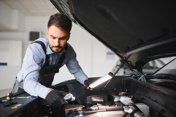 Fototapete - Friendly mechanic in modern car repair shop with car. Professional technician checking vehicle diagnostics and maintenance. Concept of automotive industry and customer service