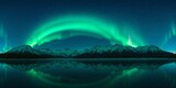 Spectacular aurora borealis shimmering above tranquil lake - Equirectangular 360 degree landscape
