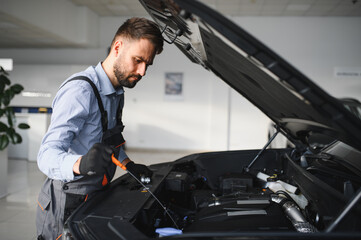 Fototapete - Friendly mechanic in modern car repair shop with car. Professional technician checking vehicle diagnostics and maintenance. Concept of automotive industry and customer service