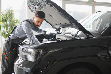 Aufkleber - Troubleshooting process. Auto mechanic working in garage. Repair service
