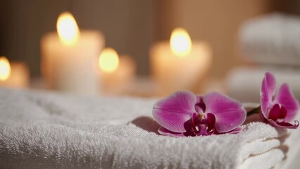 Poster - Soft white towels, delicate purple orchid, and flickering warm candlelight combining into luxurious spa setting, highlighting peaceful wellness environment with gentle, soothing aesthetic
