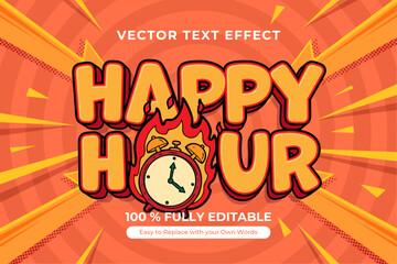 Wall Mural - Happy Hour Cartoon Text Effect with Alarm Clock