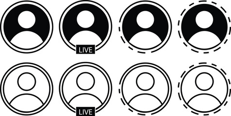 Set of story with user profile avatar icons buttons flat and line styles. Live video streaming frames, social media interface app vectors. Live broadcast gradient circles illustration collection.