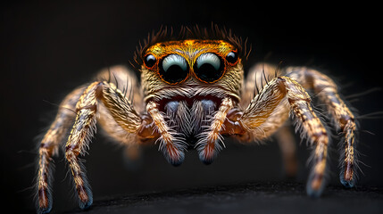 Extreme Macro Portrait Of Spider With Big Eyes On Black Background. Incredible Detail.