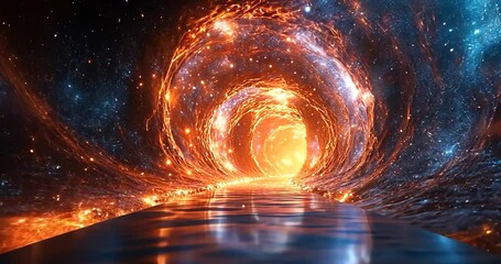 Wall Mural - abstract tunnel through space with shining particles of blue and orange colors. the tunnel is surrou