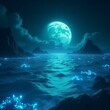 © sangrengo - A stunning, illuminated planet with iridescent oceans that shimmer with a mesmerizing blue-green glow, courtesy of the billions of bioluminescent creatures dwelling beneath the surface, their ethereal