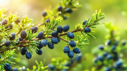Wall Mural - branch with ripe juniper berries and fresh green needles in sunlight. nature's bounty in vibrant det