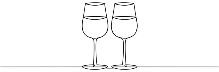 Wall Mural - Two glasses with wine continuous line drawing. Cheers toast symbol. Celebration concept. Champagne drink. Vector illustration isolated on white.