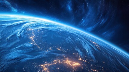 a stunning view of earth from space showing illuminated city lights and a glowing atmosphere under a