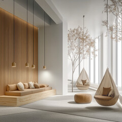 Poster - Modern lounge with wooden bench, hanging chairs, soft cushions, pendant lights, and indoor trees, creating calm atmosphere