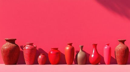 Wall Mural - bright red vessels lined up on pink, emphasizing color and form