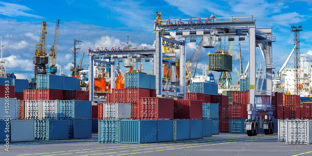 Container cranes and stacked cargo containers at a busy seaport ...