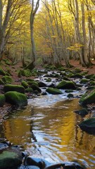 Wall Mural - golden forest surrounding gently flowing river with vibrant autumn leaves creating mesmerizing water