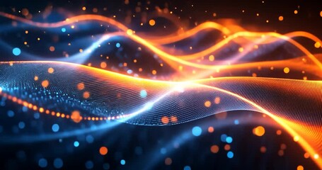 Wall Mural - abstract digital illustration of orange and blue glowing waves, created with dots, bokeh, and light 