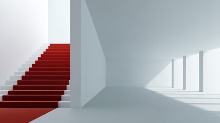 Poster - Lowangle view of a vibrant red carpet ascending pristine white stairs symbolizing success and ambition with bright natural light dimly illuminating a modern minimalist interior with copy space