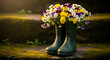 © UMI - Delightful Pansies And Daisies Overflowing From Vintage Garden Boots In Sunlit Garden