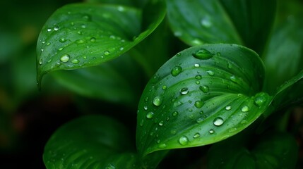 Aufkleber - Closeup of fresh green leaves with water droplets on their surface in natural morning light, showcasing vibrant textures and peaceful freshness with copy space on the left