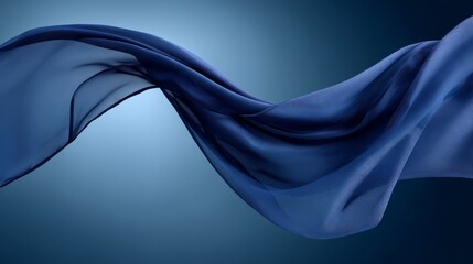 Poster - Elegant flowing sheer silk fabric in midair against deep navy background with delicate textures and soft movement, capturing ethereal grace and dynamic energy, with ample copy space on left side