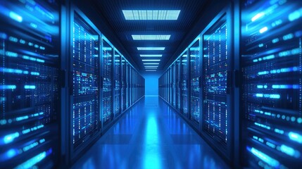 Poster - Futuristic server room with glowing blue lights and data racks in perspective view, ideal for illustrating cloud computing, cybersecurity, data center infrastructure, and IT network management concept