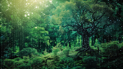 Wall Mural - tree is surrounded by a forest with a bright green color