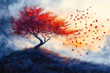 Wall Mural - tree with red leaves is blowing in the wind