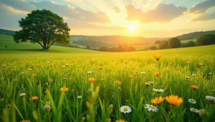 Wall Mural - Golden sunlight bathes a vibrant green field, wildflowers dotting the landscape , environment, peaceful, vibrant