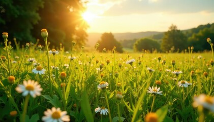 Wall Mural - Golden sunlight bathes a vibrant green field, wildflowers dotting the landscape , field, warmth
