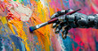 © Domingo - Robotic hand of a cyborg with artificial intelligence, painting an abstract picture with a brush and paint on the canvas. Creativity and image generation with AGI