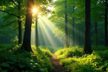 Wall Mural - Lush green Estonian forest with sunlight dappling through leaves , quiet, nature, mood