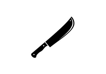 A black silhouette of a machete with a curved blade and a handle on a white background center frame
