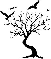 silhouette of a tree and birds in flight