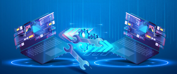 Poster - Two laptops symbolize innovation and teamwork, surrounded by digital elements, showcasing tools for enhancing online systems in a modern workspace focused on efficiency and collaboration.