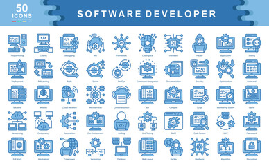 the software developer blue icon set captures essential aspects of programming, agile workflows, sys