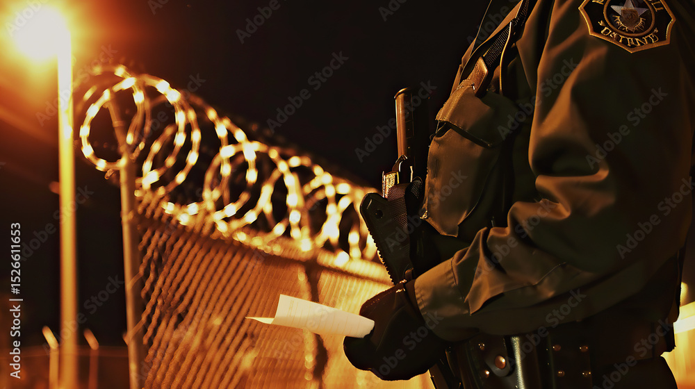 Checkpoint Officers Border Stern uniformed border patrol officer inspecting documents at night ...