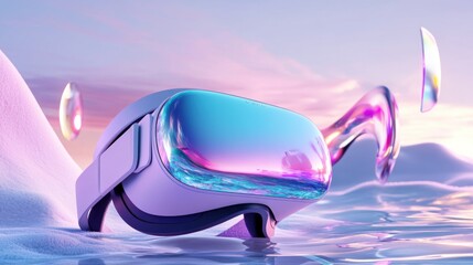 Poster - Virtual reality headset in surreal landscape at sunset