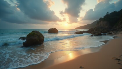 Poster - Serene sunset over ocean waves crashing on rocky beach