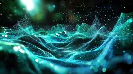 Poster - Abstract digital landscape with teal and green glowing network